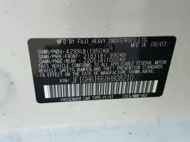 JF1GH61668H808210 - 2008 SUBARU IMPREZA 2. WHITE photo 10