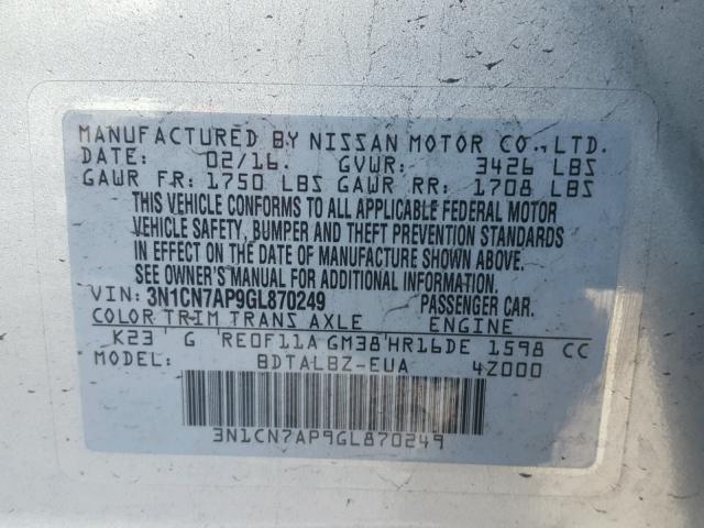 3N1CN7AP9GL870249 - 2016 NISSAN VERSA S SILVER photo 10