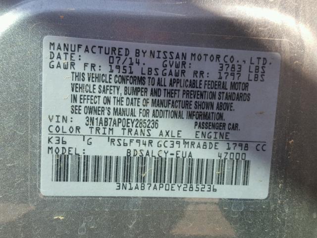 3N1AB7AP0EY285236 - 2014 NISSAN SENTRA S SILVER photo 10