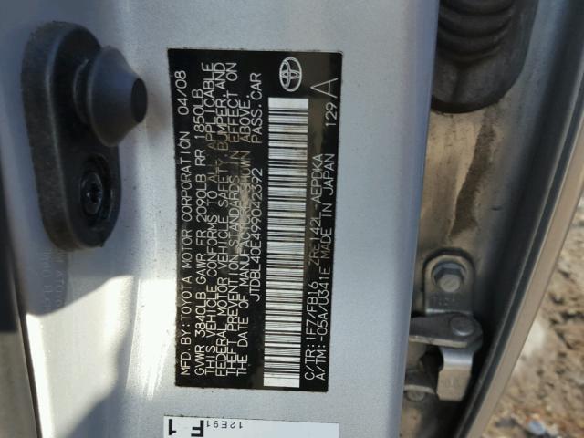 JTDBL40E499042392 - 2009 TOYOTA COROLLA BA SILVER photo 10