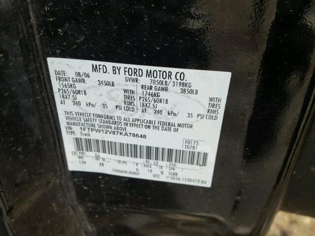 1FTPW12V87KA78648 - 2007 FORD F150 SUPER BLACK photo 10