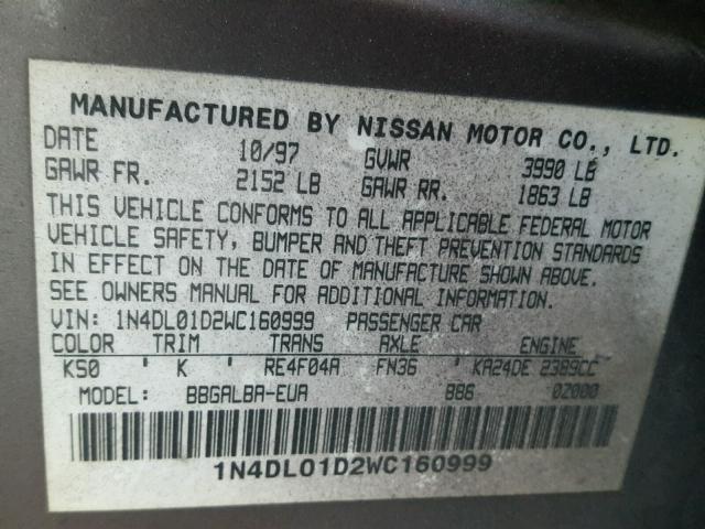 1N4DL01D2WC160999 - 1998 NISSAN ALTIMA XE GRAY photo 10