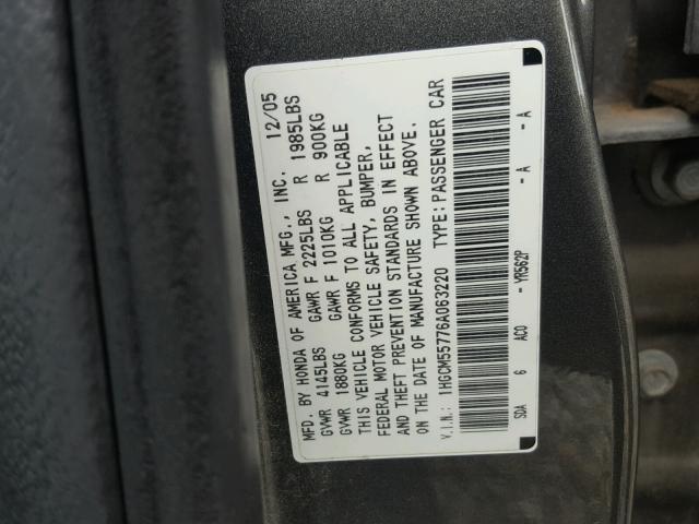 1HGCM55776A063220 - 2006 HONDA ACCORD EX CHARCOAL photo 10