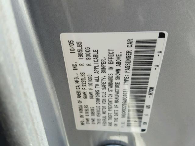 1HGCM72786A004631 - 2006 HONDA ACCORD EX SILVER photo 10