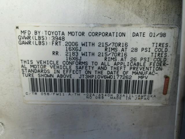 JT3HP10V6W0177262 - 1998 TOYOTA RAV4 WHITE photo 10