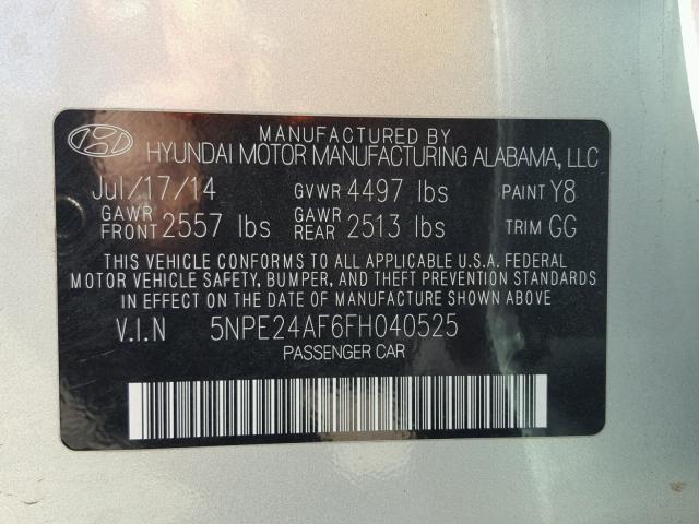 5NPE24AF6FH040525 - 2015 HYUNDAI SONATA SE SILVER photo 10