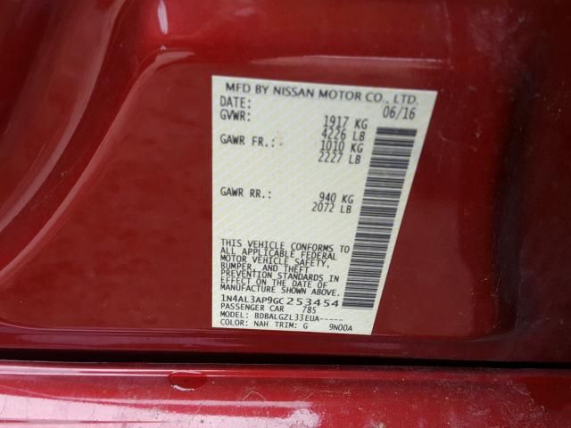 1N4AL3AP9GC253454 - 2016 NISSAN ALTIMA 2.5 RED photo 10