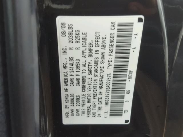 1HGCS12729A002574 - 2009 HONDA ACCORD EX BLACK photo 10