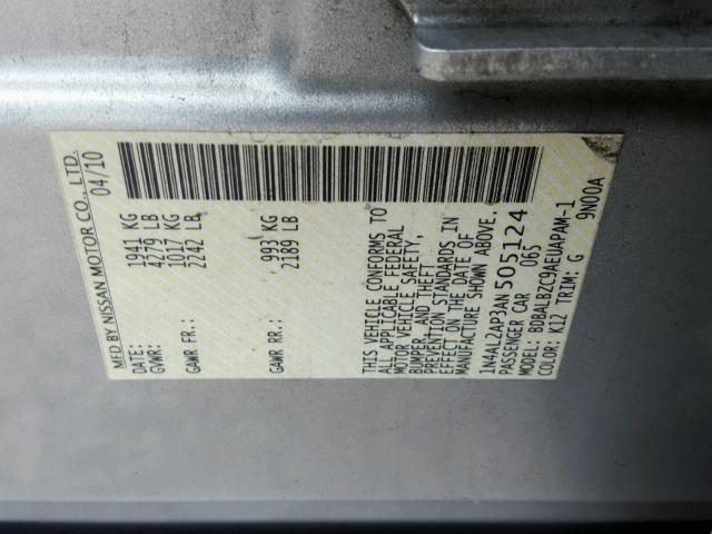 1N4AL2AP3AN505124 - 2010 NISSAN ALTIMA BAS SILVER photo 10