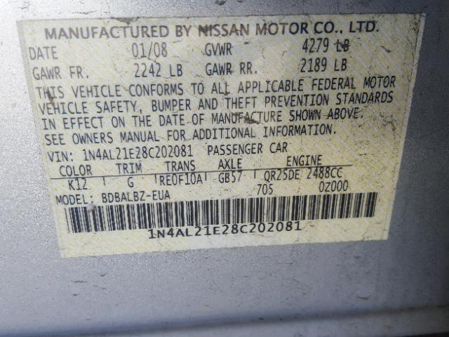 1N4AL21E28C202081 - 2008 NISSAN ALTIMA 2.5 SILVER photo 10