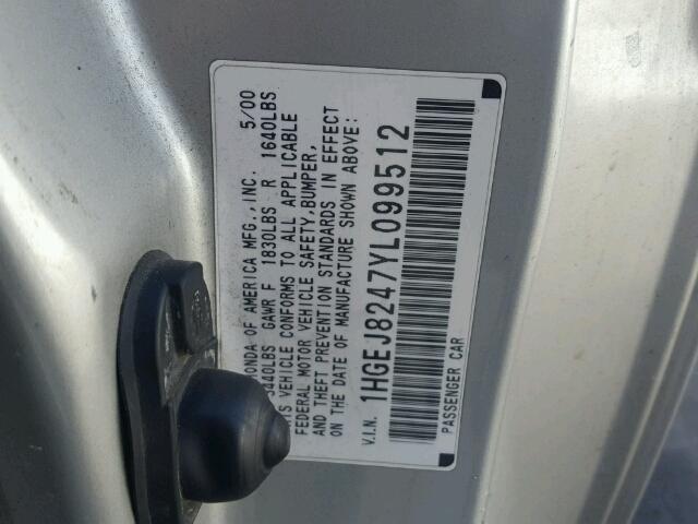 1HGEJ8247YL099512 - 2000 HONDA CIVIC EX ვერცხლისფერი ფოტო 10