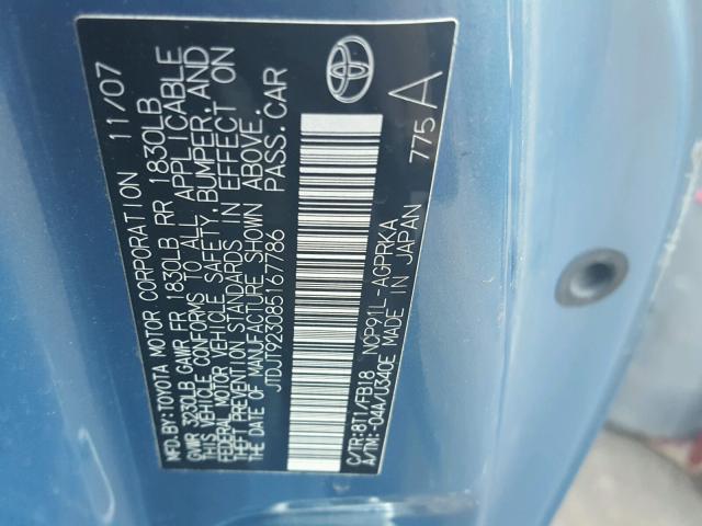 JTDJT923085167786 - 2008 TOYOTA YARIS BLUE photo 10