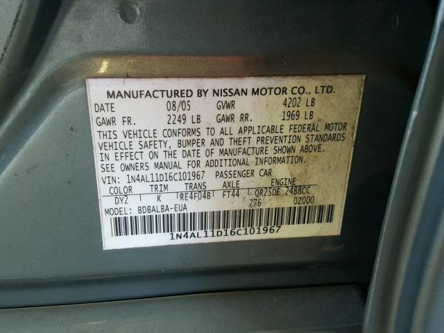 1N4AL11D16C101967 - 2006 NISSAN ALTIMA S GREEN photo 10