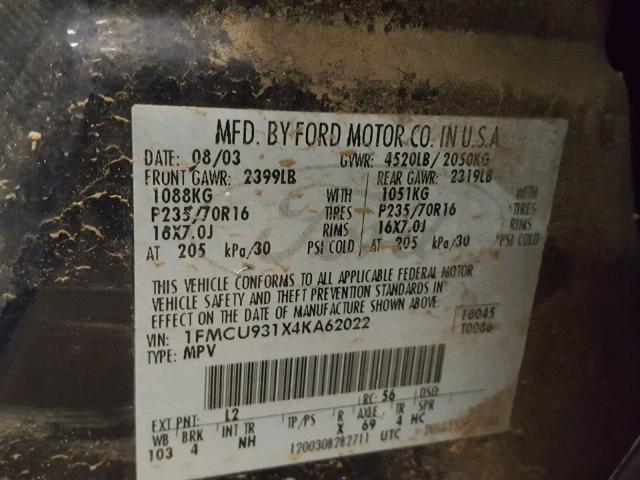 1FMCU931X4KA62022 - 2004 FORD ESCAPE XLT BLUE photo 10