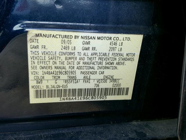 1N4BA41E96C805905 - 2006 NISSAN MAXIMA SE BLUE photo 10