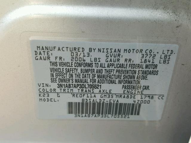 3N1AB7AP3DL705521 - 2013 NISSAN SENTRA S SILVER photo 10