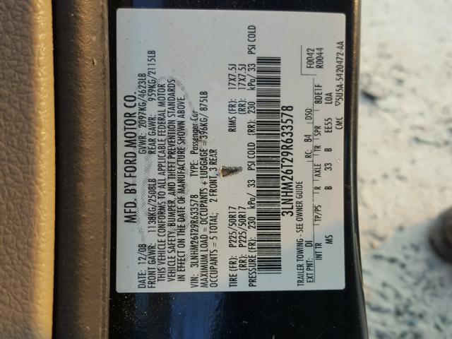 3LNHM26T29R633578 - 2009 LINCOLN MKZ BLUE photo 10