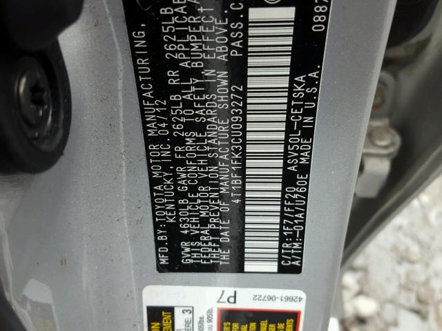 4T1BF1FK3CU093272 - 2012 TOYOTA CAMRY BASE SILVER photo 10