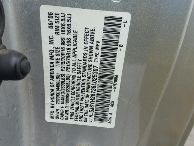 5J6YH28736L025307 - 2006 HONDA ELEMENT EX SILVER photo 10