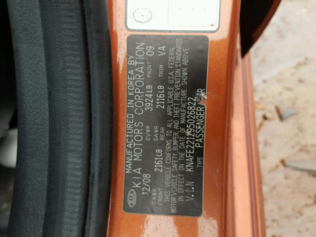 KNAFE221295026822 - 2009 KIA SPECTRA EX ORANGE photo 10