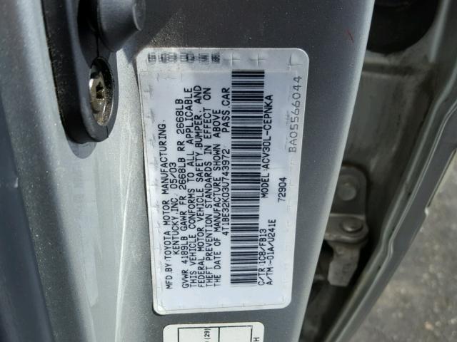 4T1BE32K03U743972 - 2003 TOYOTA CAMRY LE SILVER photo 10