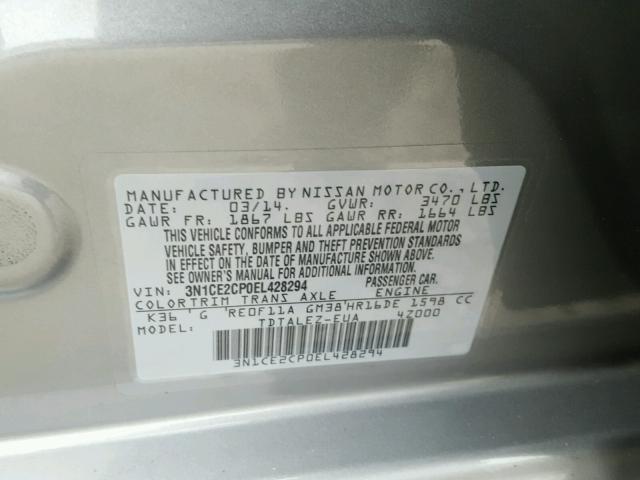 3N1CE2CP0EL428294 - 2014 NISSAN VERSA NOTE GRAY photo 10