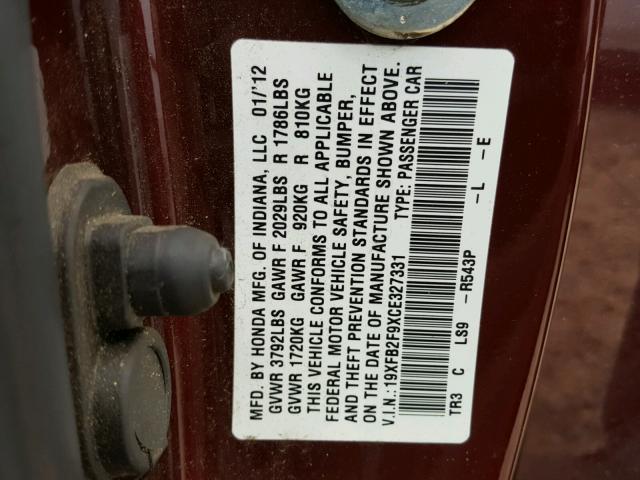 19XFB2F9XCE327331 - 2012 HONDA CIVIC EXL MAROON photo 10