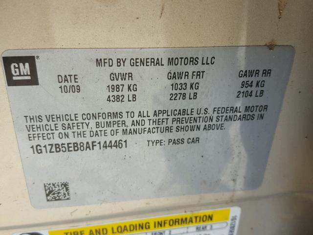 1G1ZB5EB8AF144461 - 2010 CHEVROLET MALIBU LS ოქროსფერი ფოტო 10