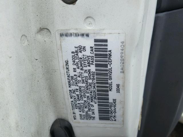 4T1BG22K1WU278482 - 1998 TOYOTA CAMRY CE WHITE photo 10