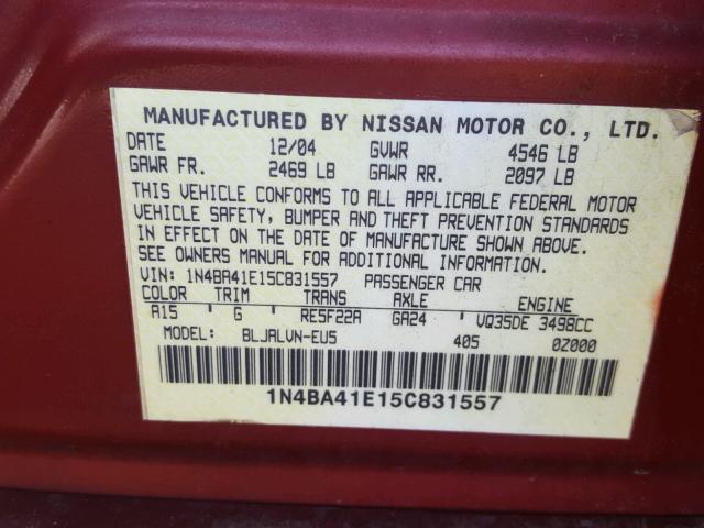 1N4BA41E15C831557 - 2005 NISSAN MAXIMA SE BURGUNDY photo 10