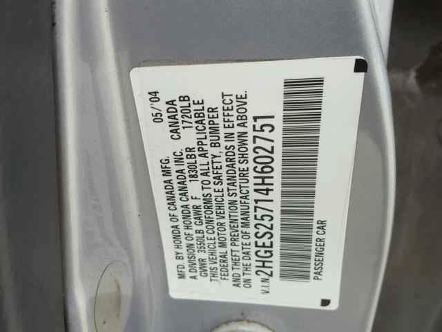 2HGES25714H602751 - 2004 HONDA CIVIC EX SILVER photo 10