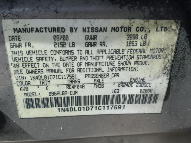 1N4DL01D71C117591 - 2001 NISSAN ALTIMA XE GRAY photo 10