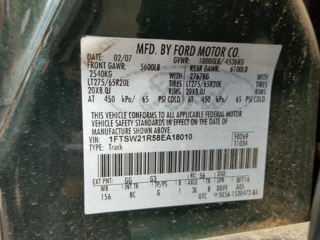 1FTSW21R58EA18010 - 2008 FORD F250 SUPER GREEN photo 10