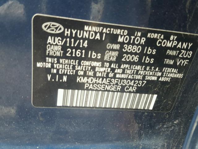 KMHDH4AE3FU304237 - 2015 HYUNDAI ELANTRA SE BLUE photo 10