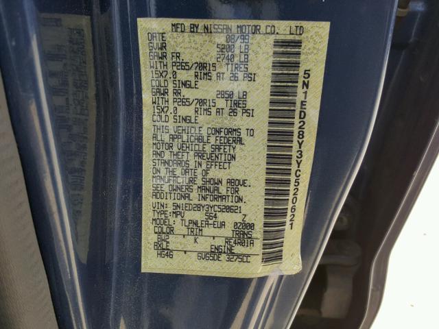 5N1ED28Y3YC520621 - 2000 NISSAN XTERRA XE BLUE photo 10