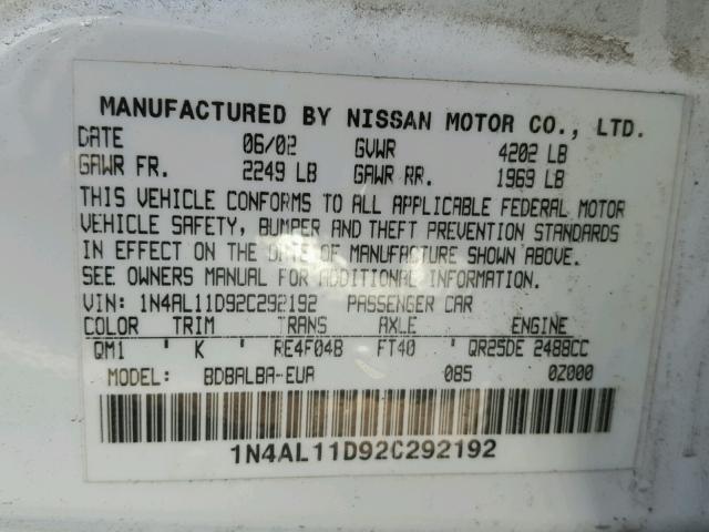 1N4AL11D92C292192 - 2002 NISSAN ALTIMA BAS WHITE photo 10