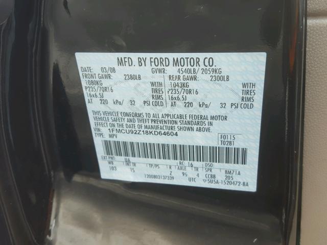 1FMCU92Z18KD64604 - 2008 FORD ESCAPE XLS BLACK photo 10