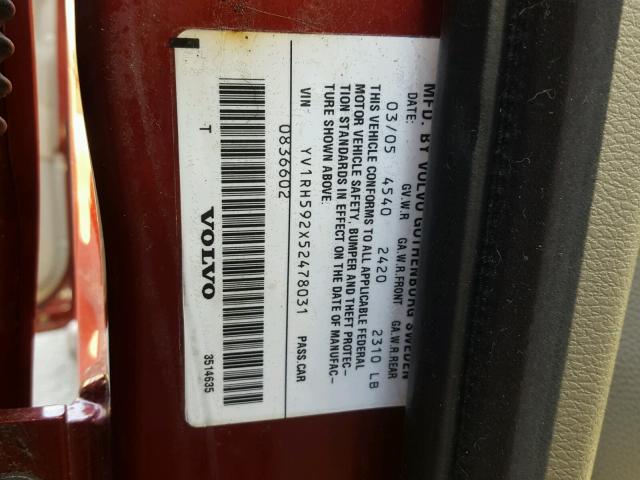 YV1RH592X52478031 - 2005 VOLVO S60 2.5T RED photo 10