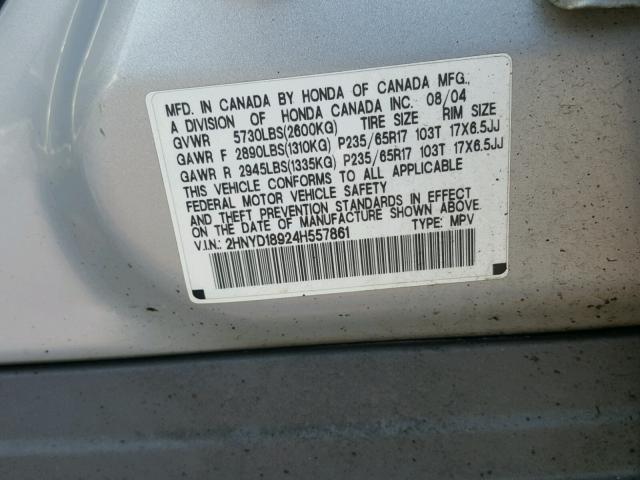 2HNYD18924H557861 - 2004 ACURA MDX TOURIN SILVER photo 10