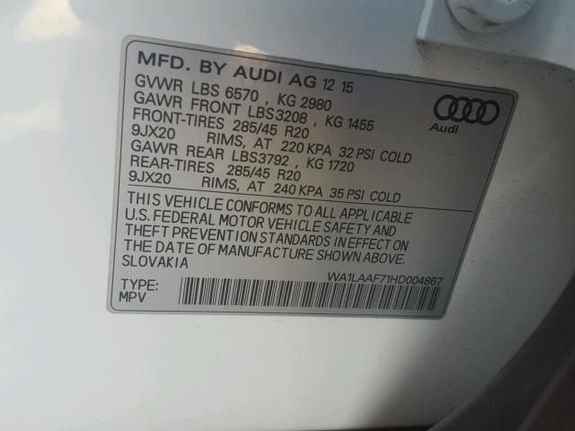 WA1LAAF71HD004867 - 2017 AUDI Q7 PREMIUM WHITE photo 10