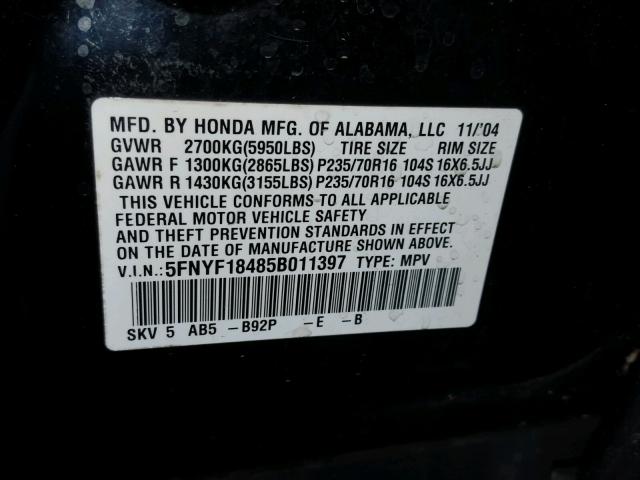 5FNYF18485B011397 - 2005 HONDA PILOT EX BLACK photo 10