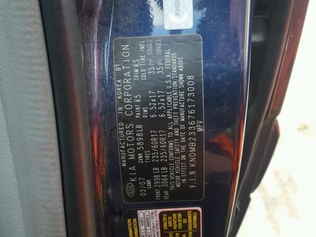 KNDMB233676173008 - 2007 KIA SEDONA EX BLUE photo 10