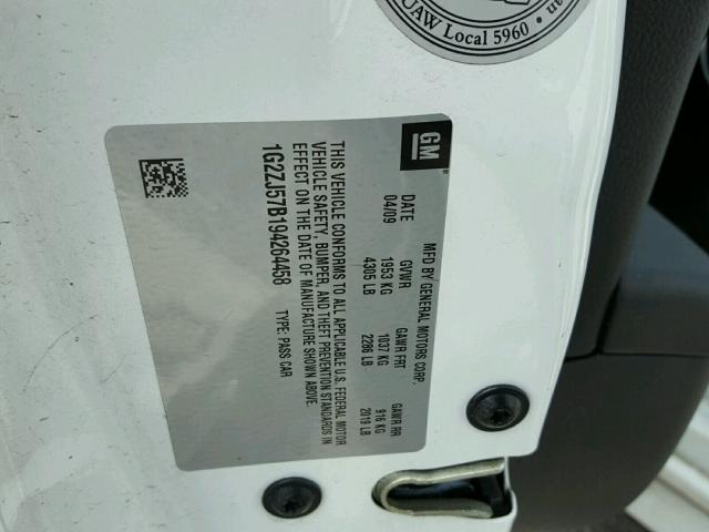 1G2ZJ57B194264458 - 2009 PONTIAC G6 WHITE photo 10