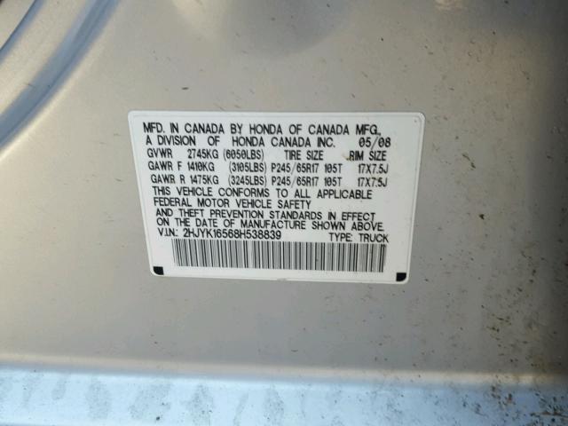 2HJYK16568H538839 - 2008 HONDA RIDGELINE GRAY photo 10