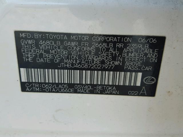 JTHBJ46G872027977 - 2007 LEXUS ES 350 WHITE photo 10