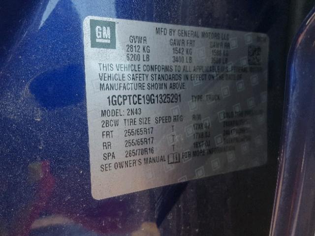 1GCPTCE19G1325291 - 2016 CHEVROLET COLORADO L BLUE photo 10