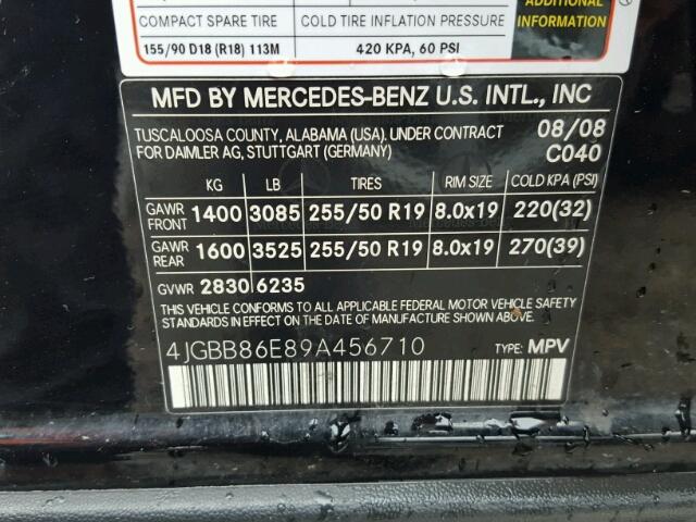 4JGBB86E89A456710 - 2009 MERCEDES-BENZ ML 350 BLACK photo 10