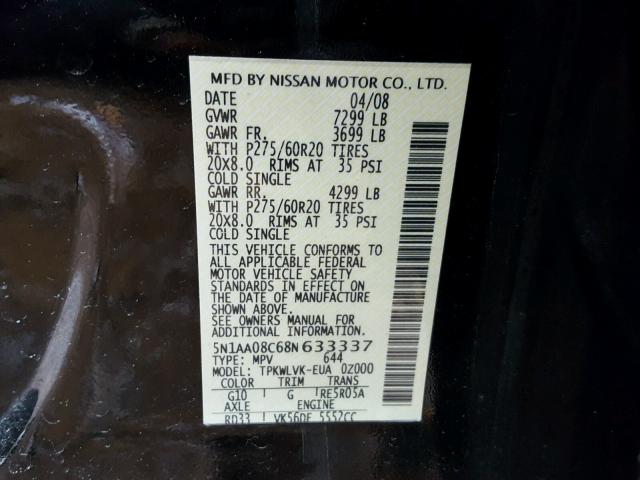 5N1AA08C68N633337 - 2008 NISSAN ARMADA SE BLACK photo 10