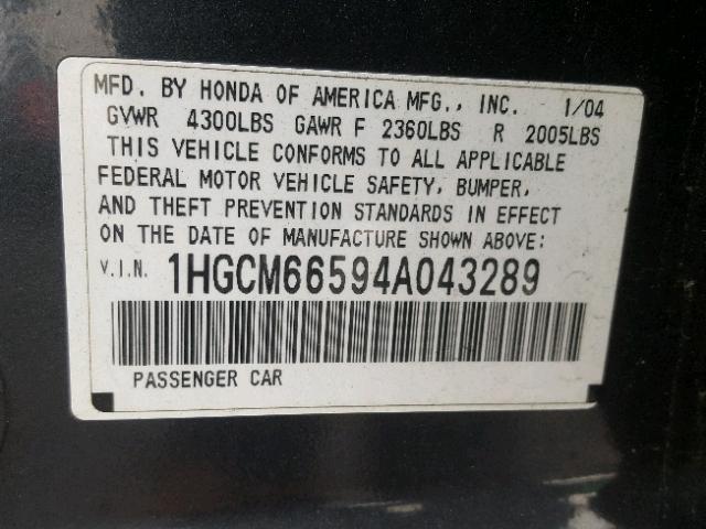 1HGCM66594A043289 - 2004 HONDA ACCORD EX GRAY photo 10