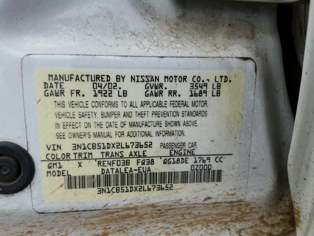 3N1CB51DX2L673652 - 2002 NISSAN SENTRA XE WHITE photo 10